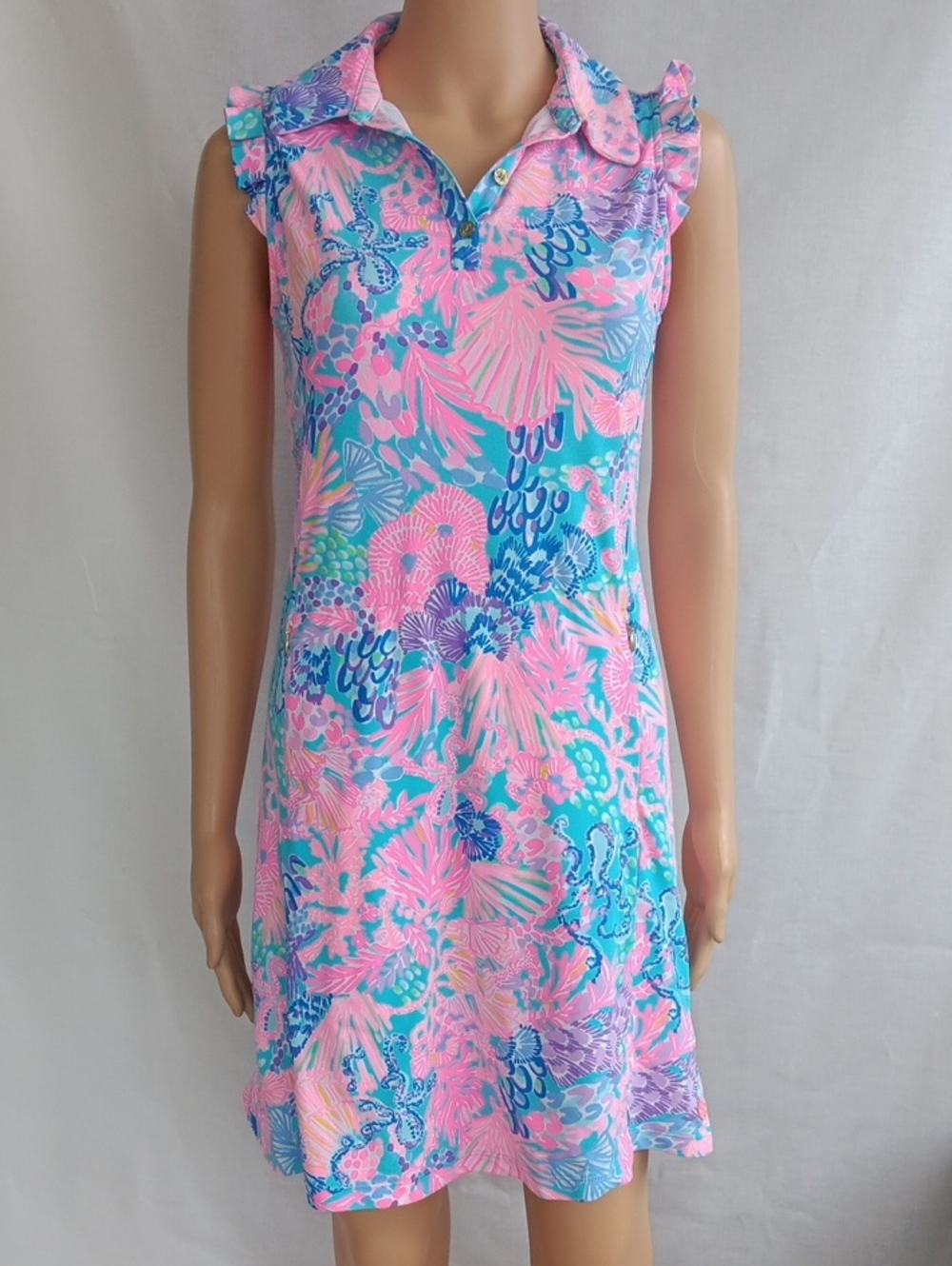 Lilly Pulitzer Pink & Blue Floral Sleeveless Polo Swim Coverup Size XS